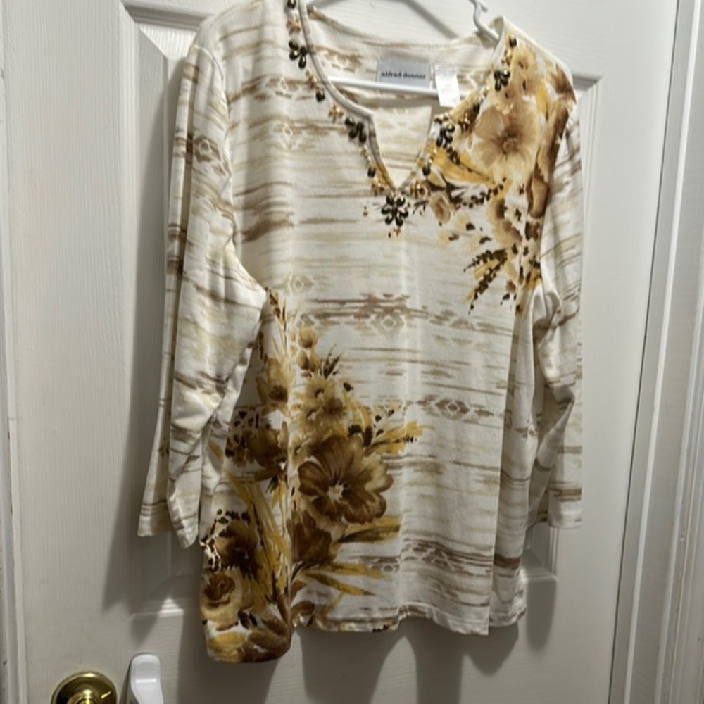 Alfred Dunner Women's Floral Top - Cream and Brown Size Large